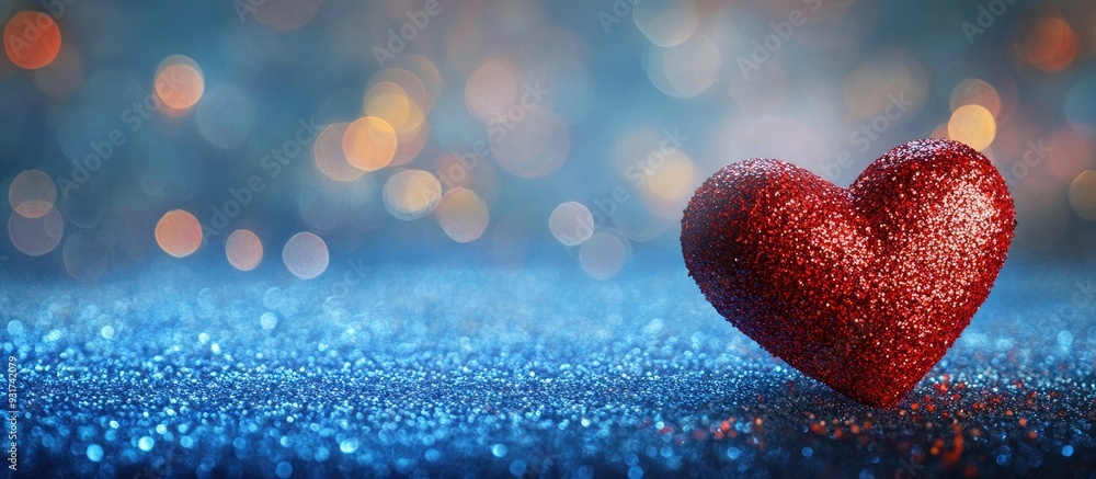 Fototapete Red heart on a stunning blue background Glittering bokeh Template for a classic greeting card Empty space for a message Shallow depth of field. with copy space image. Place for adding text or design