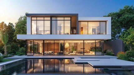 Fototapeta premium A modern, minimalist home with clean lines, large glass windows, and an open-plan living area, representing contemporary real estate.