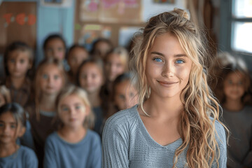 Fototapeta premium Smiling Blonde Girl With Blue Eyes In Front Of Group Of Children