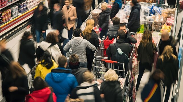 Diverse crowd shopping in a busy grocery store, filling carts with various items.