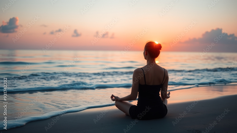 Poster Woman meditating on the beach at sunset