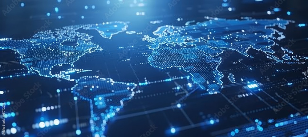 Poster global network connections. a futuristic glowing digital world map made of dots and lines