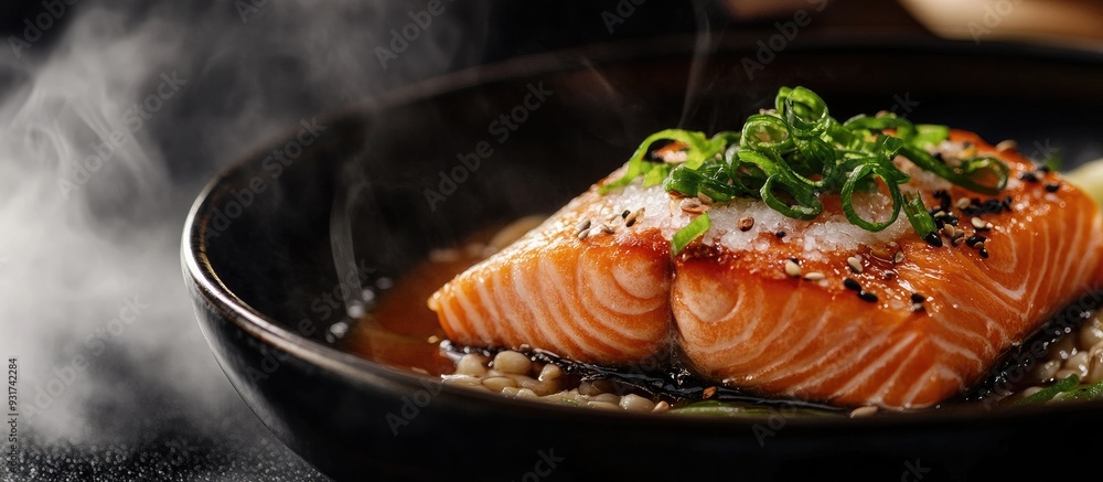 Poster domestic japanese cuisine featuring traditional fresh fish such as broiled salmon with salt. with co