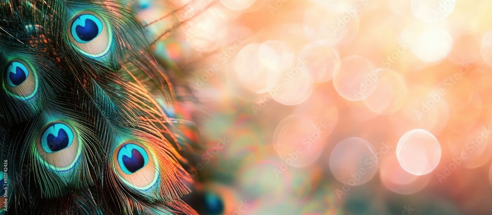 Poster Peacock feathers with a blurred background and text copy space