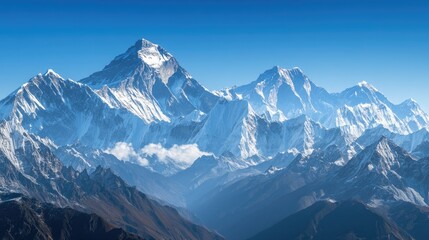 A panoramic shot of the Himalayan range, with Mount Everest standing tall as the highest point against a clear blue sky.