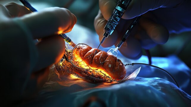 Surgeons carefully implant an innovative artificial organ into a patient, showcasing advanced medical technology in action