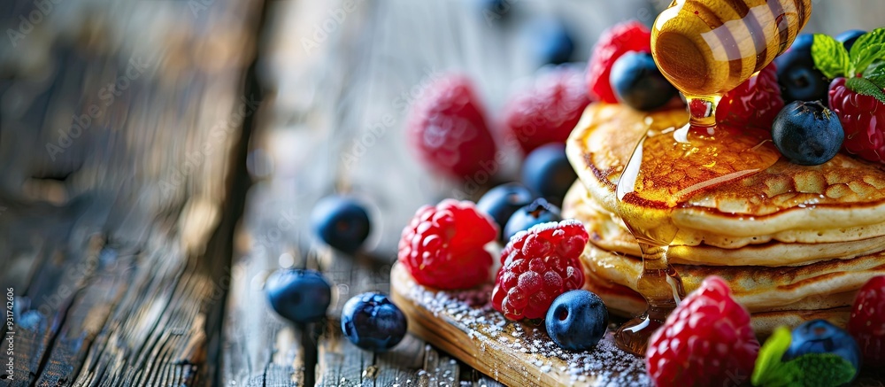 Aufkleber small pancakes topped with berries and honey are featured in a close up on a wooden plate this repre