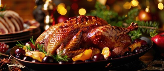 Roast goose accompanied by plums and apples. with copy space image. Place for adding text or design