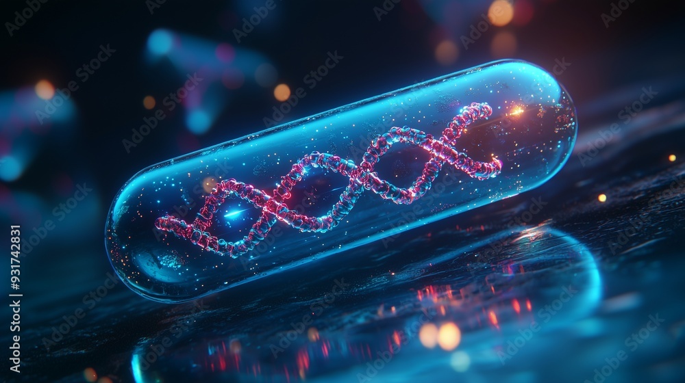Aufkleber a digital representation of a dna strand encapsulated in a futuristic capsule, symbolizing advanced 
