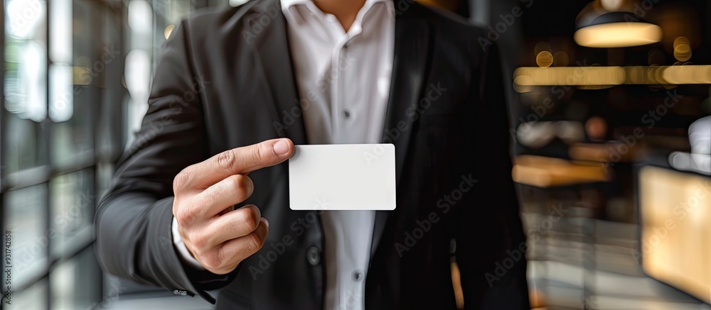 Poster A businessman presents a business card. with copy space image. Place for adding text or design