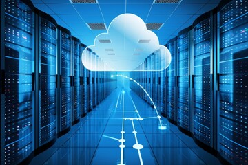 Cloud Computing Data Flow in Futuristic Server Room, Cloud Technology, Big Data Storage