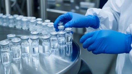 Scientist in lab working with vials, wearing protective gloves and white lab coat.