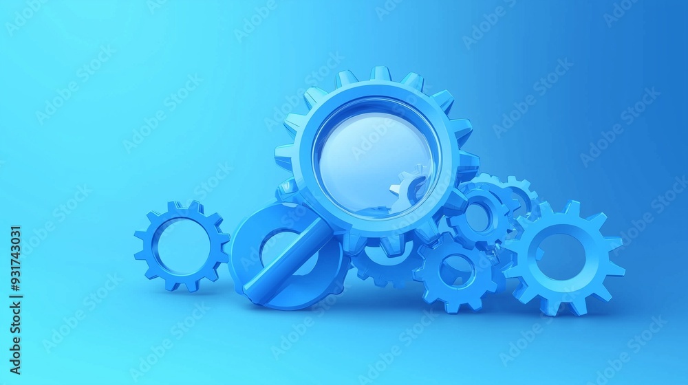 Aufkleber abstract search engine icon with floating gears representing seo and digital optimization.