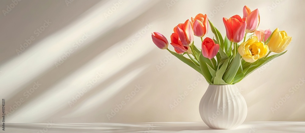 Fototapete Vibrant table arrangements and tulip blooms in a vase on a table against a light backdrop. with copy space image. Place for adding text or design