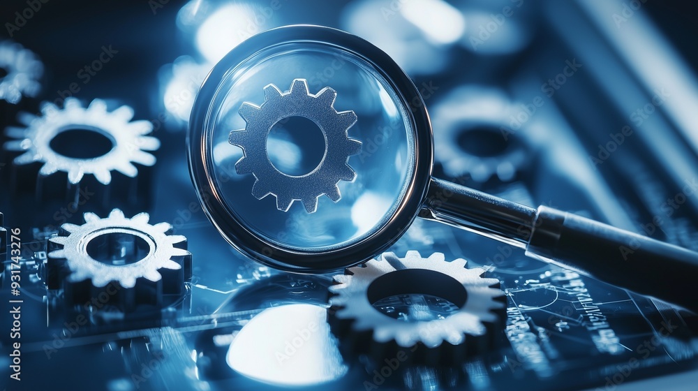 Poster magnifying glass over gears symbolizing seo tools and analysis. search engine optimization efficienc