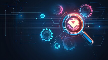 Magnifying glass over digital gears, symbolizing seo strategies and data analysis.