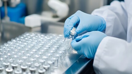 Scientist in gloves handling vials in a pharmaceutical lab setting.