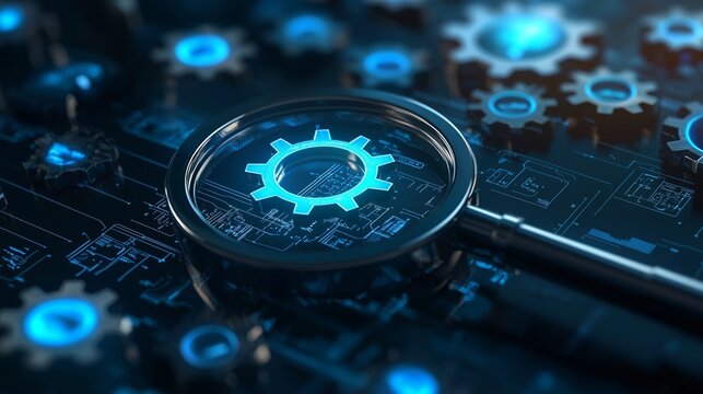 Magnifying glass focusing on a gear, symbolizing web efficiency optimization and performance analysis.