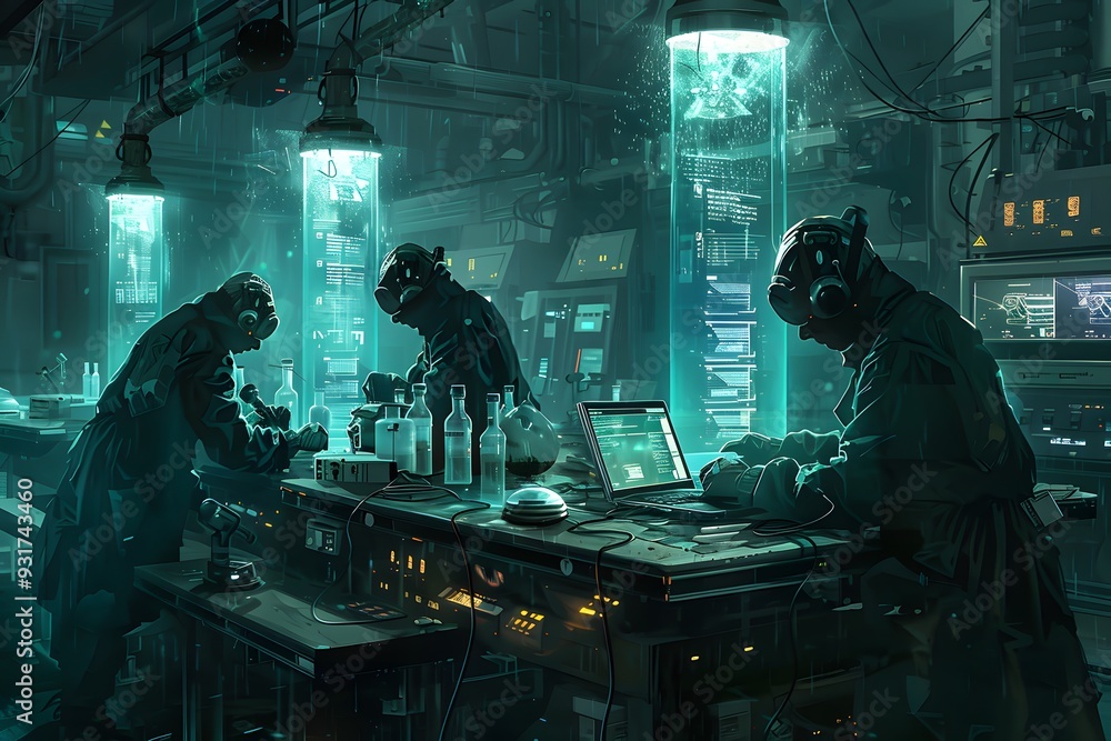 Poster futuristic laboratory with scientists working on advanced technology.