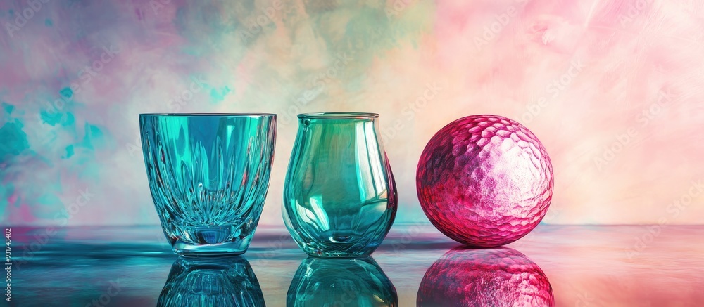 Leinwandbilder Green and blue glassware alongside a vibrant pink ball on a textured background with reflection. with copy space image. Place for adding text or design