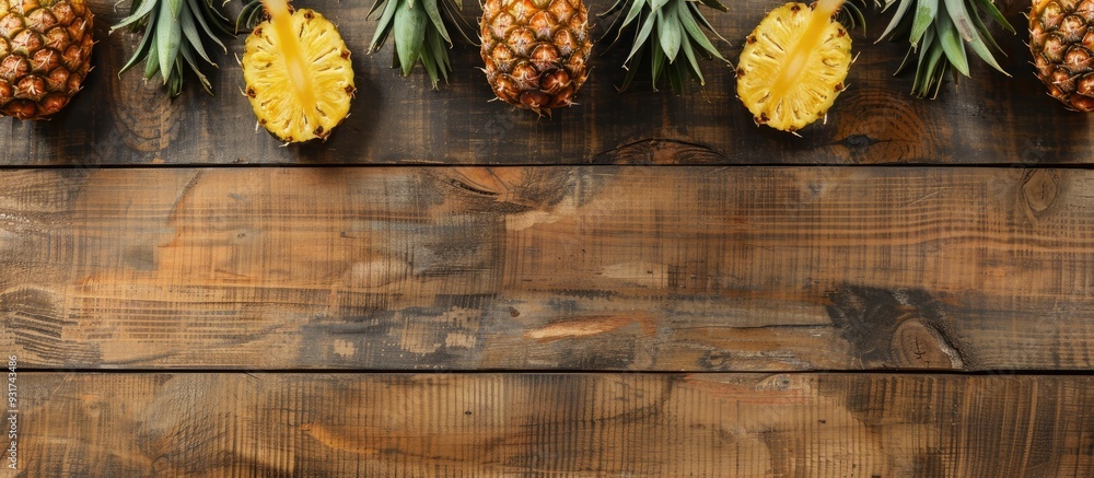 Poster Pineapple set against a wooden background top view healthy fruit food idea. with copy space image. Place for adding text or design