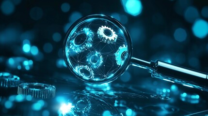 Magnifying glass focusing on gears, symbolizing analysis, precision, and technology.