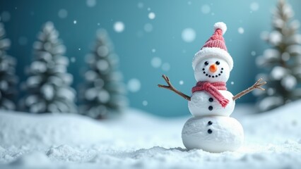 Fototapeta premium Winter Magic: Festive Snowman with Carrot Nose and Top Hat in a Serene Snowy Setting