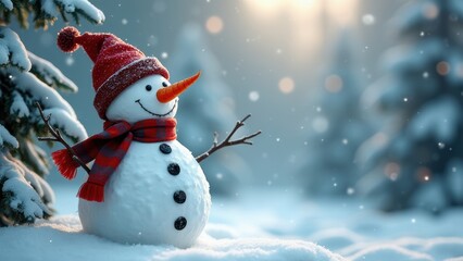 Obraz premium Holiday Cheer: Snowman with Carrot Nose and Top Hat in a Picturesque Winter Wonderland