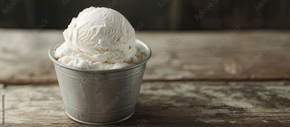 Aufkleber homemade ice cream in a metal container on a wooden surface. with copy space image. place for adding