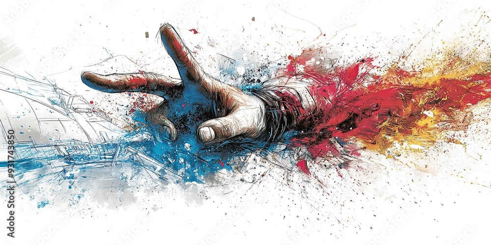 Poster Dynamic Hand Sketch with Explosive Colors in a Surreal Composition