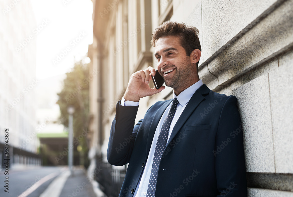 Poster happy, city and man with phone call as employee for networking, conversation and communication in ne