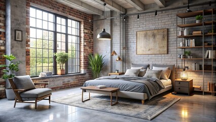 cozy minimalist bedroom industrial chic exposed brick soft gray tones concrete floor cozy reading nook geometric patterns quiet morning