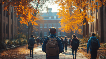 students carrying backpacks walking around the fall campus during back-to-school season, capturing the energy and excitement of the new academic year