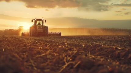 Fototapeta premium Tractor Working in a Field at Sunset