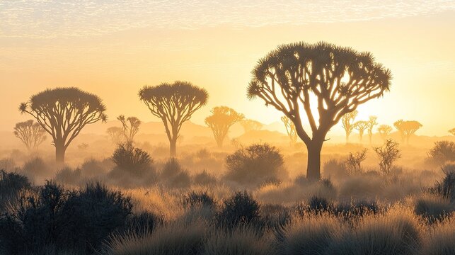 A quiver tree forest at dawn, with the iconic silhouettes of the trees standing out against the soft morning light.