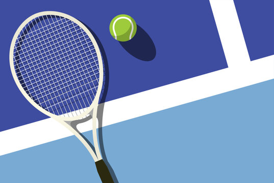 Lawn tennis racket lies near ball on tennis court, top view, tennis tournament poster, vector