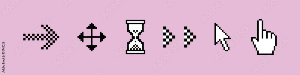 Poster pixels elements set in the mood of 90's aesthetics. arrow set in pixel art. pointing hand click icon