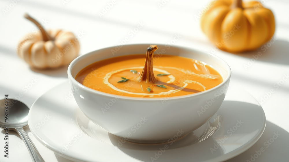 Canvas Prints Pumpkin Soup with Cream and Thyme Garnish