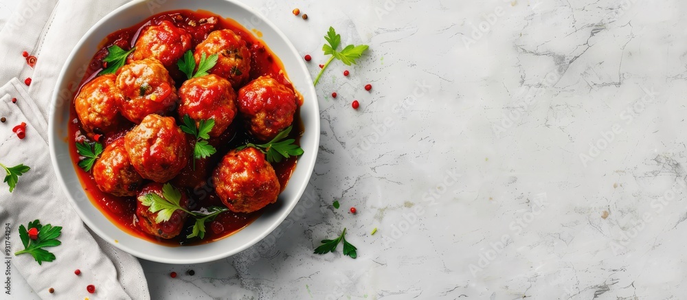 Fototapete Bowl of delicious meatballs with sauce on a light background. with copy space image. Place for adding text or design