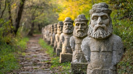 Obraz premium A row of stonemen statues lined up along an ancient pathway, leading to a forgotten civilization.