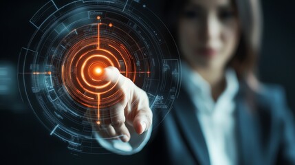 A woman in a business suit uses a stylus to interact with a glowing digital interface.