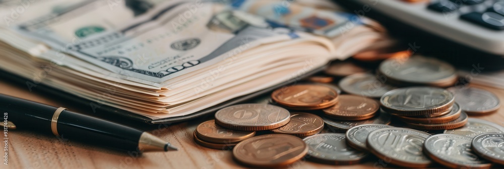 Fototapete a stack of cash and coins sits next to an open notebook filled with notes and calculations, showcasi