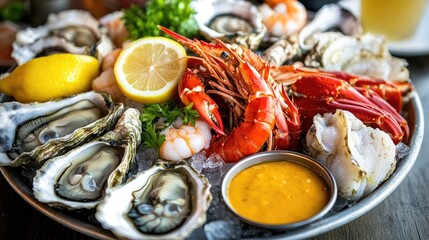 A seafood platter featuring fresh oysters, shrimp, and crab, served with lemon wedges and dipping sauces.