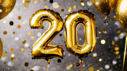 Elegant gold foil balloons shaped as the number 20 on a dark background with sparkling bokeh lights and confetti, perfect for a festive New Year celebration or milestone party greeting card design. Th