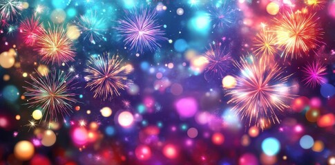 Fototapeta premium New Year background with colorful fireworks and bokeh lights.