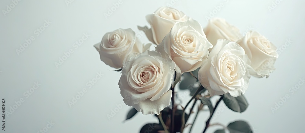 Poster White Rose A bunch of delicate roses against a white backdrop Space for text A romantic setting for spring celebrations. with copy space image. Place for adding text or design