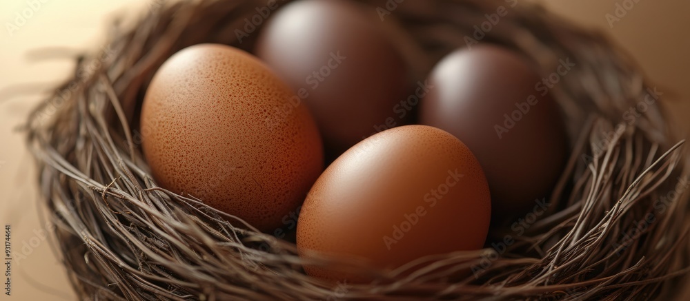 Aufkleber Chicken eggs combined with chocolate eggs in a nest viewed up close. with copy space image. Place for adding text or design