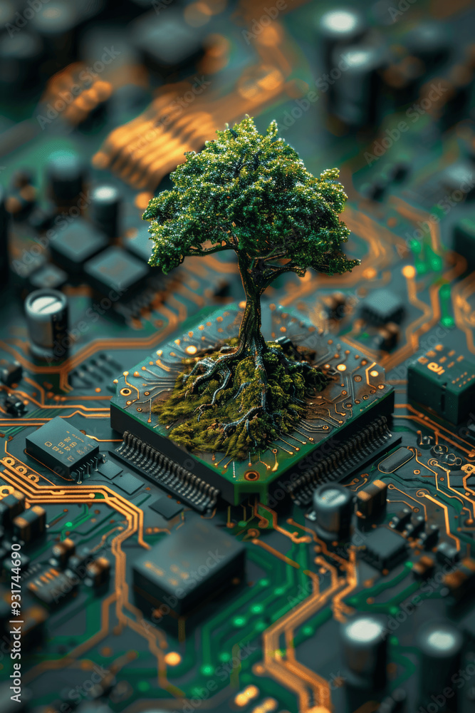Poster tree growing on microchip symbolizing nature and technology fusion