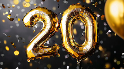 Elegant gold foil balloons shaped as the number 20 on a dark background with sparkling bokeh lights and confetti, perfect for a festive New Year celebration or milestone party greeting card design. Th