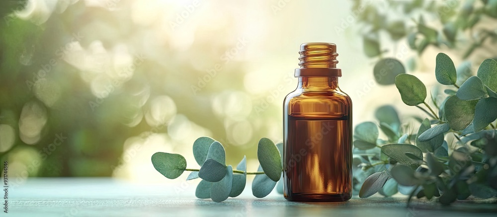 Leinwandbilder bottle of eucalyptus essential oil with a blurred background close up and room for text. with copy s